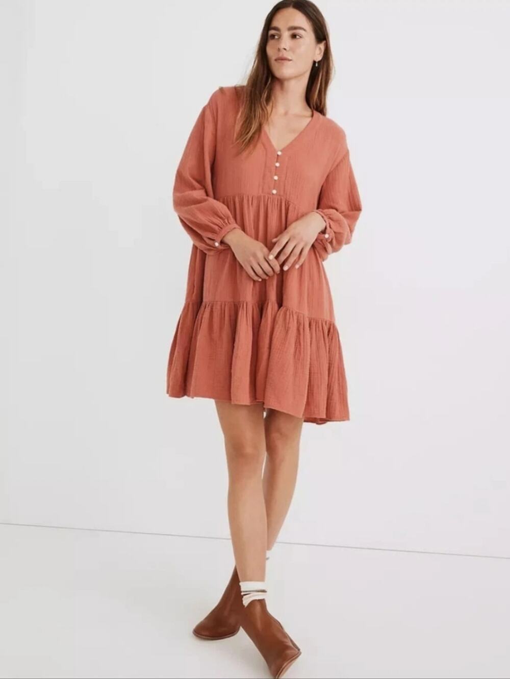 Madewell Collette Rust Tiered V-Neck Mini Dress Light Spun
